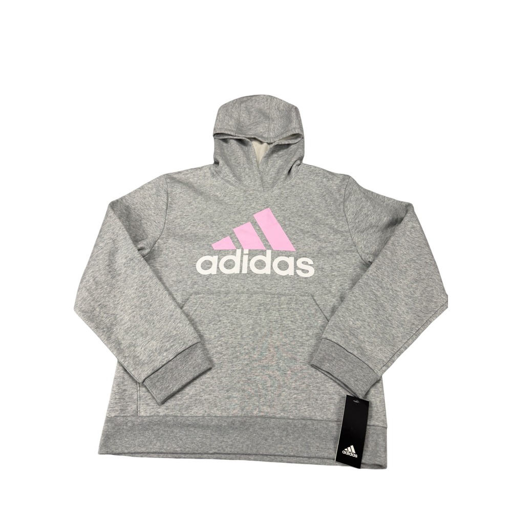 Adidas Girls Grey Heather Pink Logo Fleece Pullover Hoodie XL 16 MSRP $40